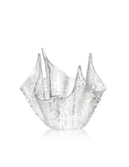 iPLEX Design - Drappeggi Vaso Slim Trasparente con decorazione Pizzo Leavers in plexiglass - Trasparente/bianco - 22x21x22 cm