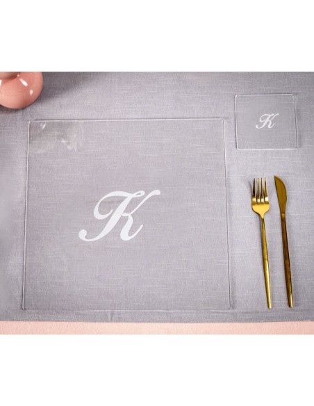 iPLEX Design - Bon Ton Set Sottobicchiere / Sottopiatto Quadrato ""K"" Trasp. in plexiglass - Trasparente - 33x0,6x33 cm
