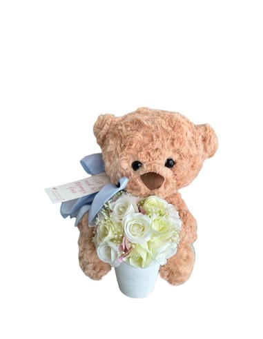 Fiori di Lena - Peluche  orso M con fiocco cm 35 h, vasetto di fiori e tag Festa della Mamma