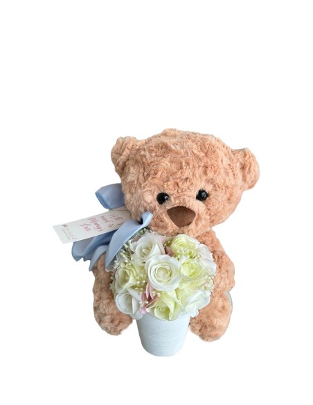 Fiori di Lena - Peluche  orso M con fiocco cm 35 h, vasetto di fiori e tag Festa della Mamma