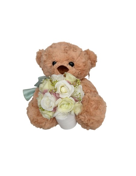 Fiori di Lena - Peluche  orso M con fiocco cm 35 h, vasetto di fiori e tag Festa della Mamma