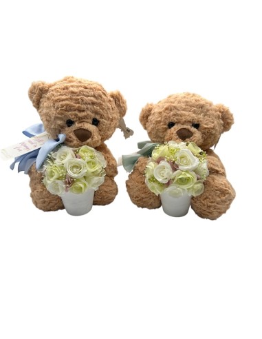 Fiori di Lena - Peluche  orso M con fiocco cm 35 h, vasetto di fiori e tag Festa della Mamma