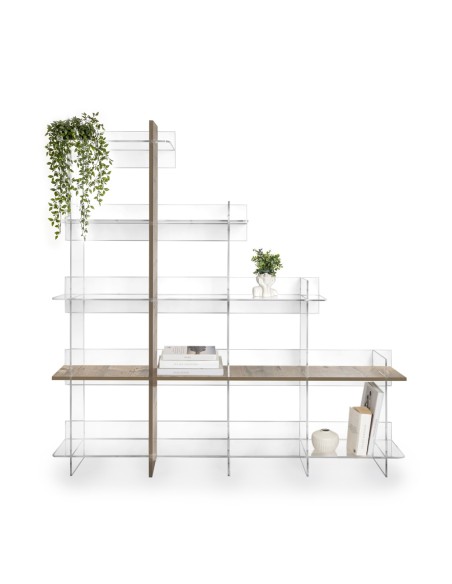 iPLEX Design - Etra Libreria Rovere in plexiglass/legno - Trasparente/legno rovere - 180x180x30,5 cm