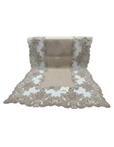 Fiori di Lena - Runner in lino colore cognac con pizzo colore cognac cm 142X40