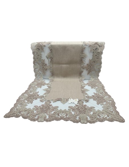 Fiori di Lena - Runner in lino colore cognac con pizzo colore cognac cm 142X40