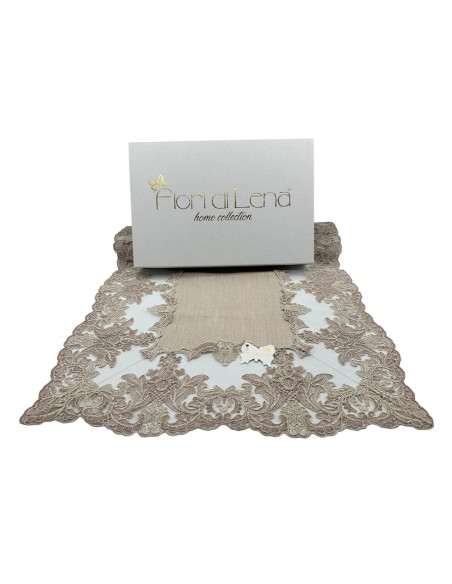 Fiori di Lena - Runner in lino colore cognac con pizzo colore cognac cm 142X40