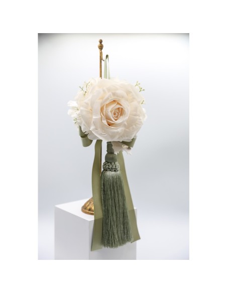Fiori di Lena - Nappa con rosa, fiocco annodato, ortensia e nebbiolina Ø cm 19X32