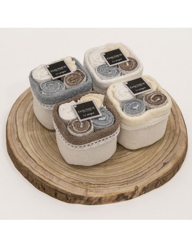 Daunex - Set 4 Lavette colori assortiti cm 30x30 in cestino di stoffa con pizzo
