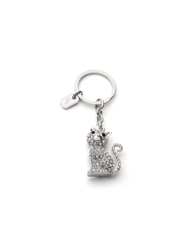 L'Oca Nera - Portami Con Te! Portachiavi in metallo argentato con pietre, a forma di Gatto, dim. 9 cm