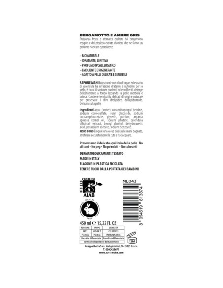 Muhà - Sapone Liquido Bio 450ml Bergamotto e Ambre Gris