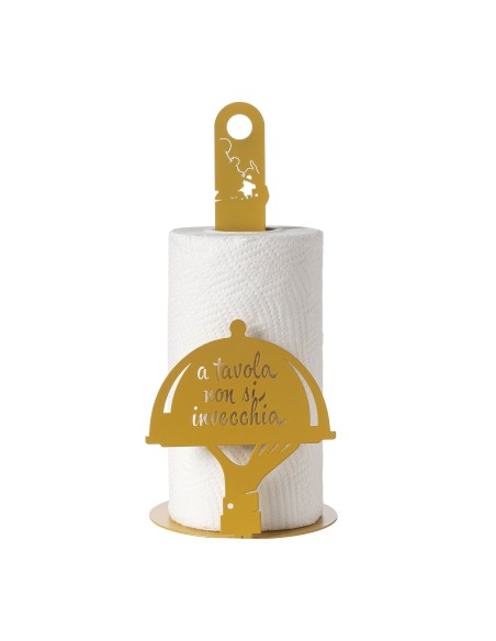 Arti & Mestieri - Porta rotolo da cucina "A tavola non si invecchia" ocra ⌀ 15x33h cm