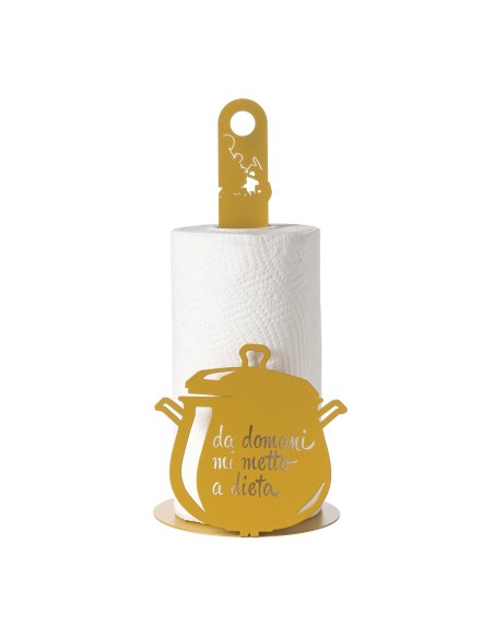 Arti & Mestieri - Porta rotolo da cucina "Da domani mi metto a dieta" ocra ⌀ 15x33h cm