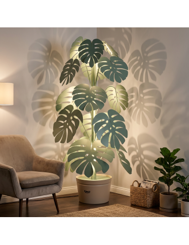 Arti & Mestieri - Lampada Monstera Verde salvia con vaso porta lampada beige-Diametro 60 x 170 cm di altezza