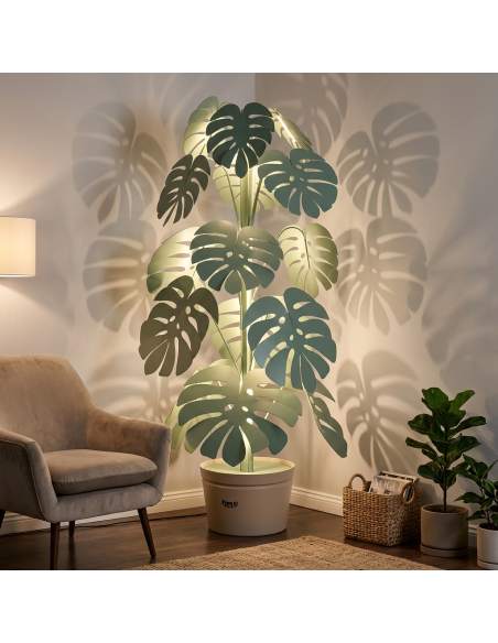 Arti & Mestieri - Lampada Monstera Verde salvia con vaso porta lampada beige-Diametro 60 x 170 cm di altezza