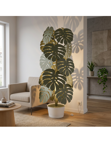 Arti & Mestieri - Lampada Monstera Verde salvia con vaso porta lampada bianco -Diametro 60 x 170 cm di altezza