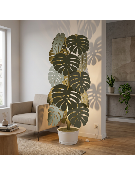 Arti & Mestieri - Lampada Monstera Verde salvia con vaso porta lampada bianco -Diametro 60 x 170 cm di altezza
