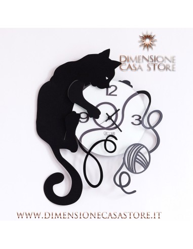 Arti & Mestieri - Orologio da parete particolare Gatto Gomitolo nero-35 x 43 cm di altezza