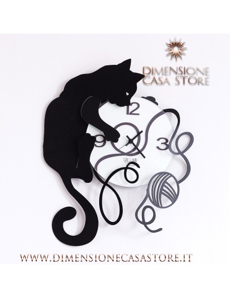 Arti & Mestieri - Orologio da parete particolare Gatto Gomitolo nero-35 x 43 cm di altezza