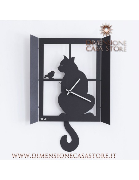 Arti & Mestieri - Orologio a pendolo moderno Gatto alla Finestra nero-32 x 47 cm di altezza