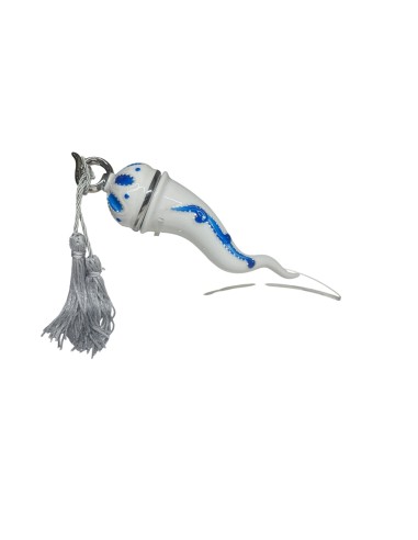 Sharon Italia - Corno in porcellana decorato blu e argento con supporto in plex