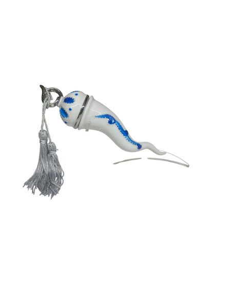 Sharon Italia - Corno in porcellana decorato blu e argento con supporto in plex