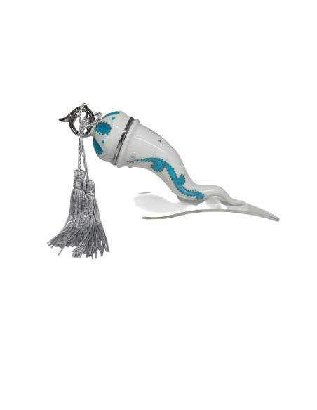 Sharon Italia - Corno in porcellana decorato azzurro e argento con supporto in plex