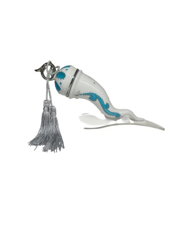 Sharon Italia - Corno in porcellana decorato azzurro e argento con supporto in plex