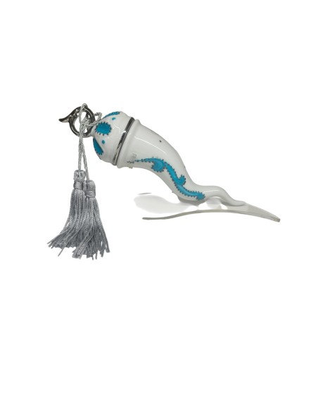 Sharon Italia - Corno in porcellana decorato azzurro e argento con supporto in plex