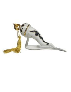 Sharon Italia - Corno in porcellana decorato nero e oro con supporto in plex