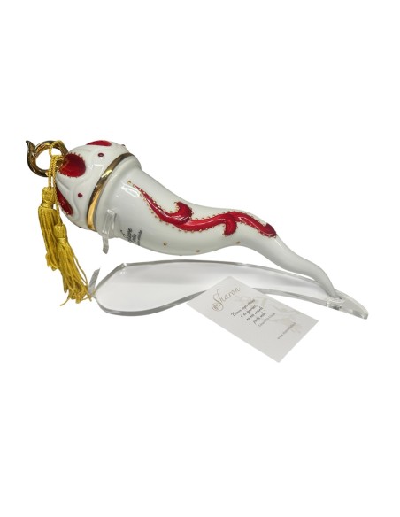 Sharon Italia - Corno in porcellana decorato rosso e oro  Ø cm 8 x  29 con supporto in plex
