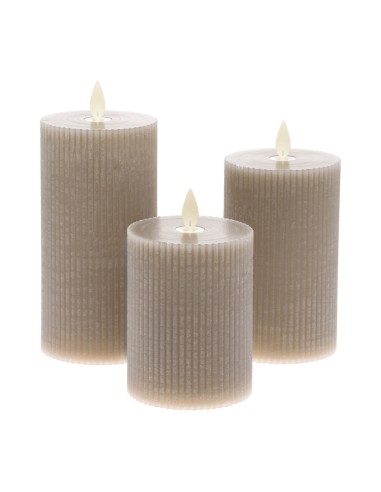 Set 3 Candela Cilindrica Cera tortora a Coste ø7,5cm H10/12,5/15cm