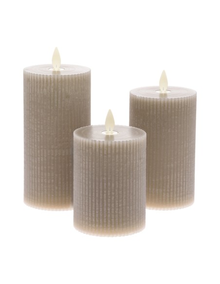 Set 3 Candela Cilindrica Cera tortora a Coste ø7,5cm H10/12,5/15cm