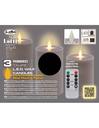 Set 3 Candela Cilindrica Cera tortora a Coste ø7,5cm H10/12,5/15cm