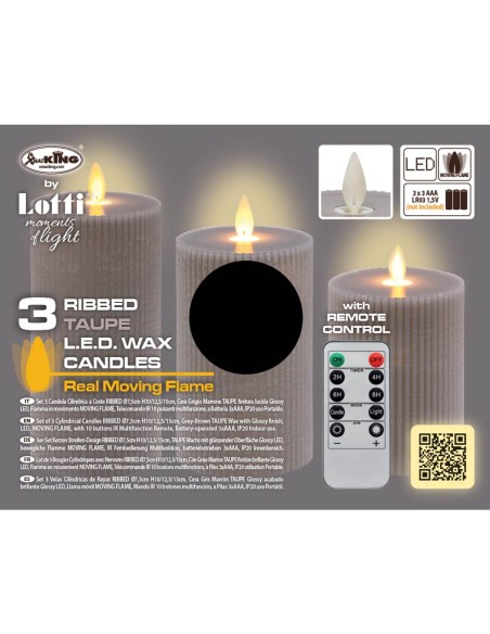 Set 3 Candela Cilindrica Cera tortora a Coste ø7,5cm H10/12,5/15cm