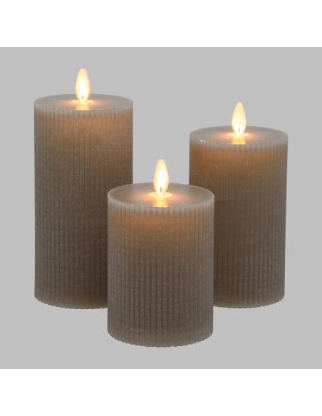 Set 3 Candela Cilindrica Cera tortora a Coste ø7,5cm H10/12,5/15cm