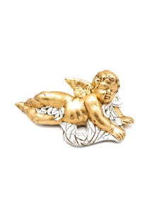 Valle d'Oro Patchi - Statuetta Putto da parete in ceramica color oro con ali, festone color avorio, h. 10 cm