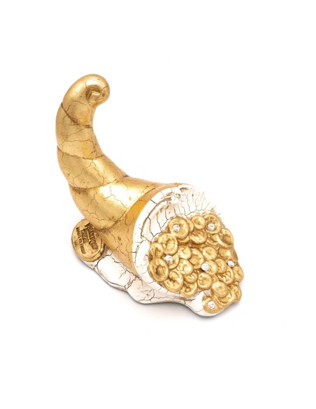 Valle d'Oro Patchi - Cornucopia piccola in ceramica color oro e avorio con monete e swarovski, dim. H 14,5 x 17,5 x 11 cm