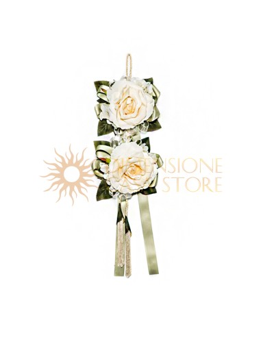 Decorazione floreale appendibile, con nappe e nastri, verde salvia