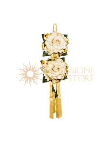 Decorazione floreale appendibile, con nappe e nastri, oro