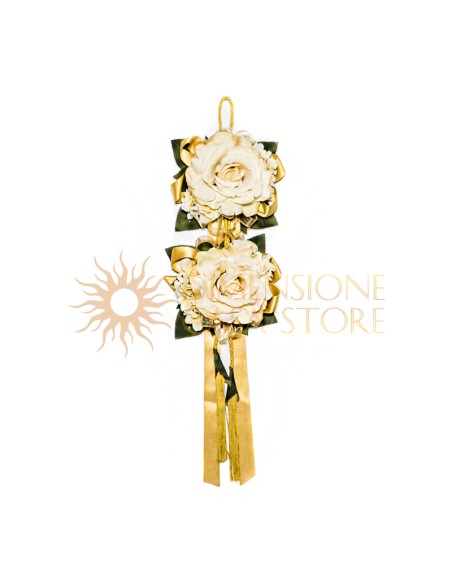 Decorazione floreale appendibile, con nappe e nastri, oro