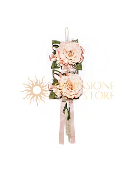 Decorazione floreale appendibile, con nappe e nastri, malva