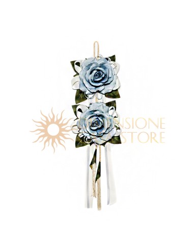 Decorazione floreale appendibile, con nappe e nastri, azzurro polvere