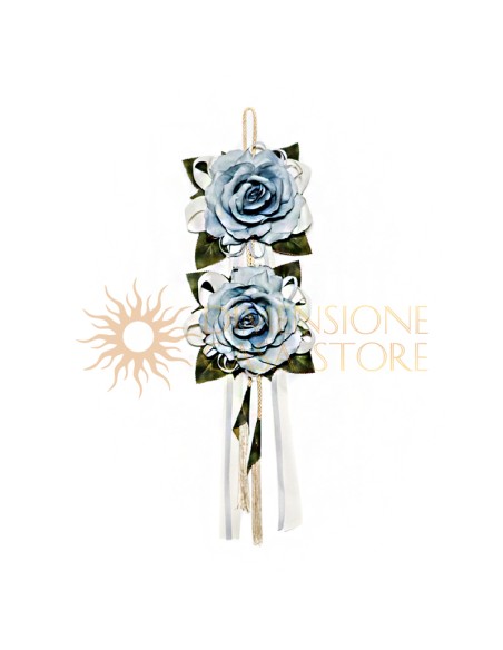 Decorazione floreale appendibile, con nappe e nastri, azzurro polvere
