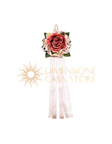 Decorazione floreale appendibile con rosa, ortensie e nastri, rosa antico