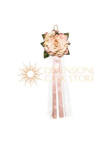 Decorazione floreale appendibile con rosa, ortensie e nastri, malva