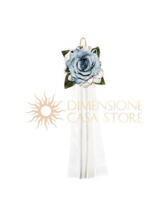Decorazione floreale appendibile con rosa, ortensie e nastri, azzurro polvere
