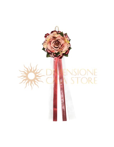 Decorazione floreale appendibile con rosa, ortensie e nastri, amaranto