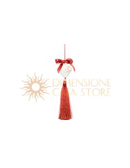 Cuore appendibile porta fortuna con rosa, in Capodimonte con nappina rossa strass e fiocchetto