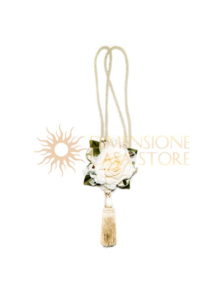 Cordone per tendaggio con nappa e decorazione floreale, verde salvia