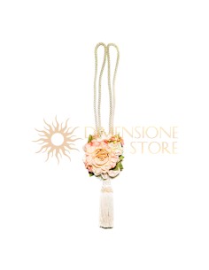Cordone per tendaggio con nappa e decorazione floreale, nastri rigati rosa